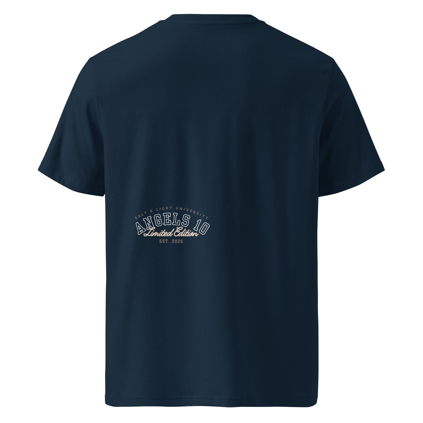 Back view of the Salt & Light Unisex Organic Ribbed Neck T-Shirt, featuring a stylish logo from ANGELS 10 APPAREL LLC. Perfect for those embodying christian values and showcasing their faith through casual wear. A great choice for college discipleship and promoting the message of being the salt & light of the world.