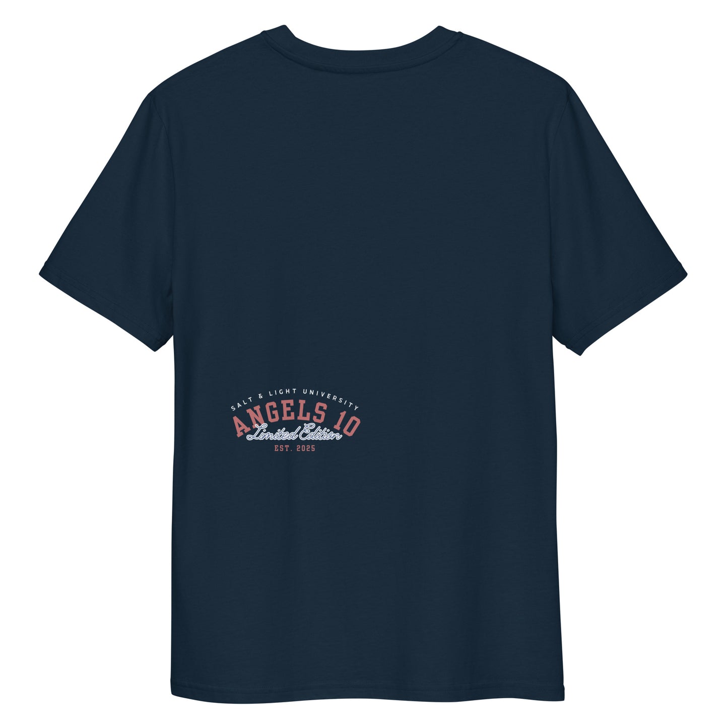 Back design of the Salt & Light Unisex Organic Cotton Ribbed T-Shirt from ANGELS 10 Apparel LLC, reflecting values of faith and discipleship. This t-shirt is a great fit for college students who want to showcase their identity as the 'salt & light of the world'.