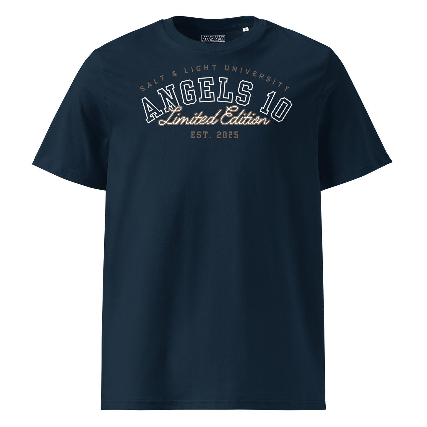 Front view of the Salt & Light Unisex Organic Ribbed Neck T-Shirt in navy, displaying a premium quality design that reflects your Christian beliefs and encourages creativity in embracing your role as the salt & light of the world.