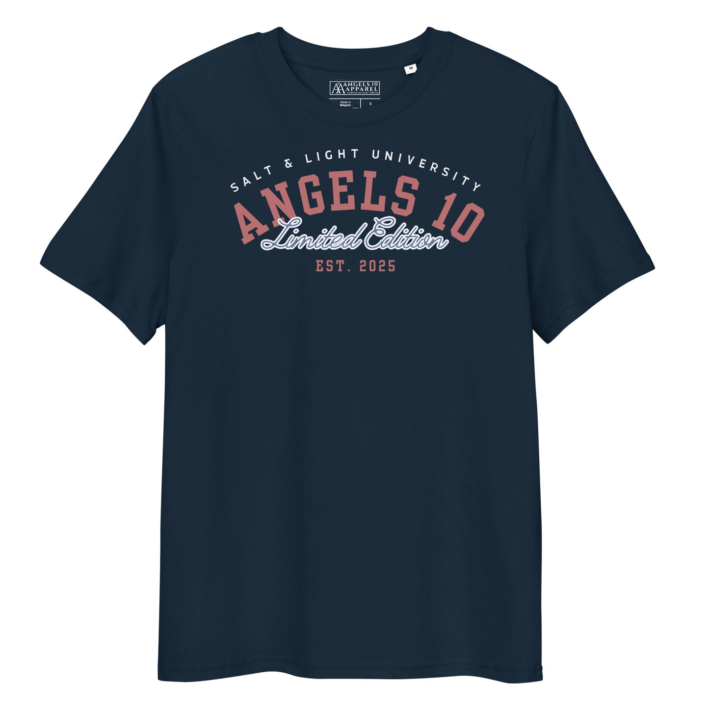 Front view of the Salt & Light Unisex Organic Cotton Ribbed T-Shirt by ANGELS 10 Apparel LLC, featuring bold lettering. Ideal for expressing faith and discipleship, this shirt is a stylish choice for college life and embodying the commitment of being the 'salt & light of the world'.