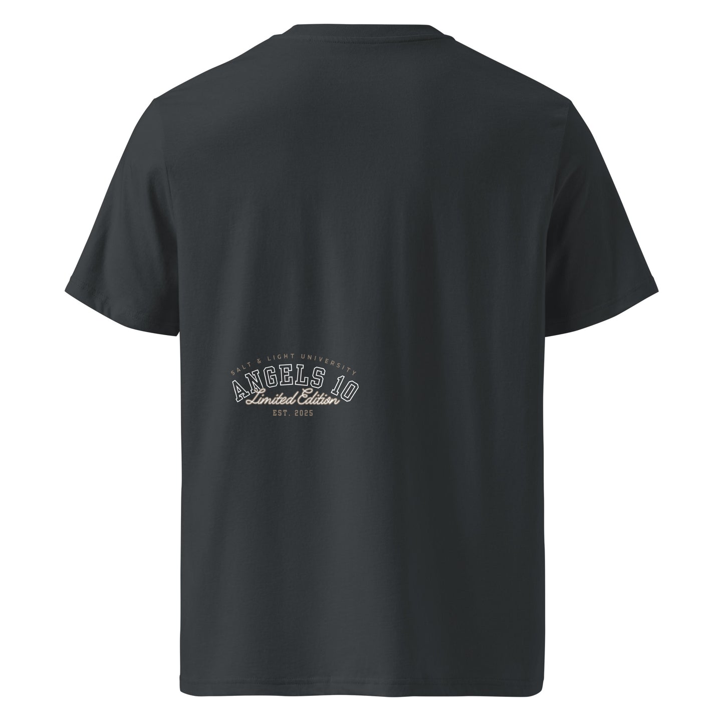 Back view of the Salt & Light Unisex Organic Ribbed Neck T-Shirt showing 'ANGELS 10 Limited Edition EST. 2025', embodying faith and discipleship for college goers. A stylish choice for those committed to being the salt & light of the world.