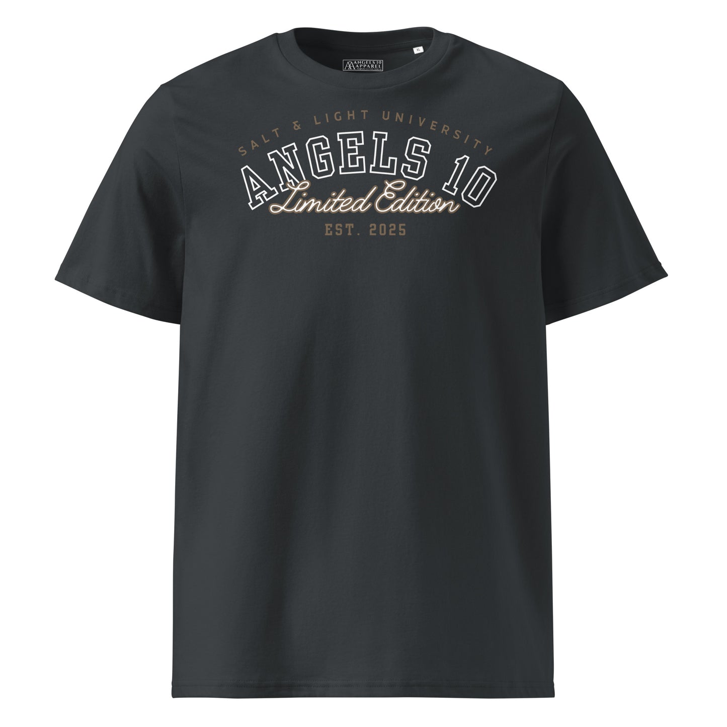 Front view of the Salt & Light Unisex Organic Ribbed Neck T-Shirt featuring the text 'ANGELS 10 Limited Edition EST. 2025', perfect for expressing your Christian faith and discipleship. Ideal for college students who embrace their role as the salt & light of the world.