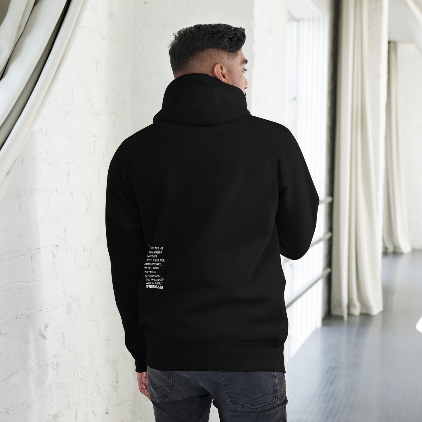 Back view of the Purpose Premium Unisex Hoodie featuring a unique design element, ideal for those who cherish their Christian faith. Crafted for comfort and representing a veteran owned small business dedicated to believers.