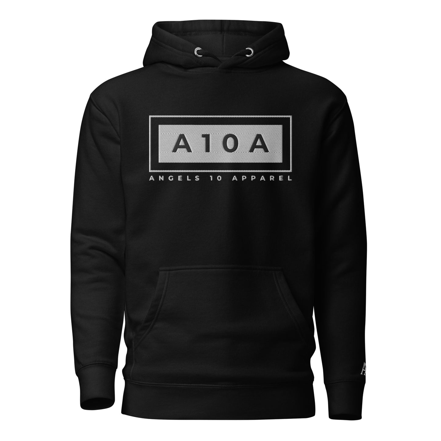 Men's A10A Essentials Hoodie in black, featuring a stylish logo from ANGELS 10 APPAREL, made of soft 100% cotton, perfect for a casual streetwear look. This hoodie represents a christian brand and is veteran owned, reflecting a faith-based commitment to quality.