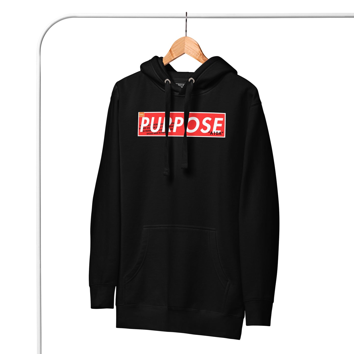 Purpose Premium Unisex Hoodie in black, featuring the word 'PURPOSE' in bold red lettering. Perfect for believers who want to express their Christian faith in style. This veteran-owned small business hoodie combines comfort and faith for every believer.