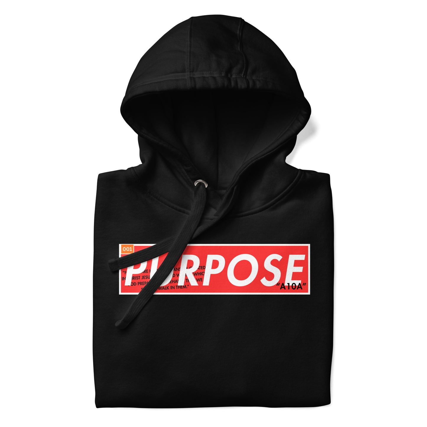 Close-up view of the Purpose Premium Unisex Hoodie, showcasing the powerful design with the word 'PURPOSE' in striking red. Ideal for those who believe and live their faith, this premium hoodie is a product of a veteran-owned small business.