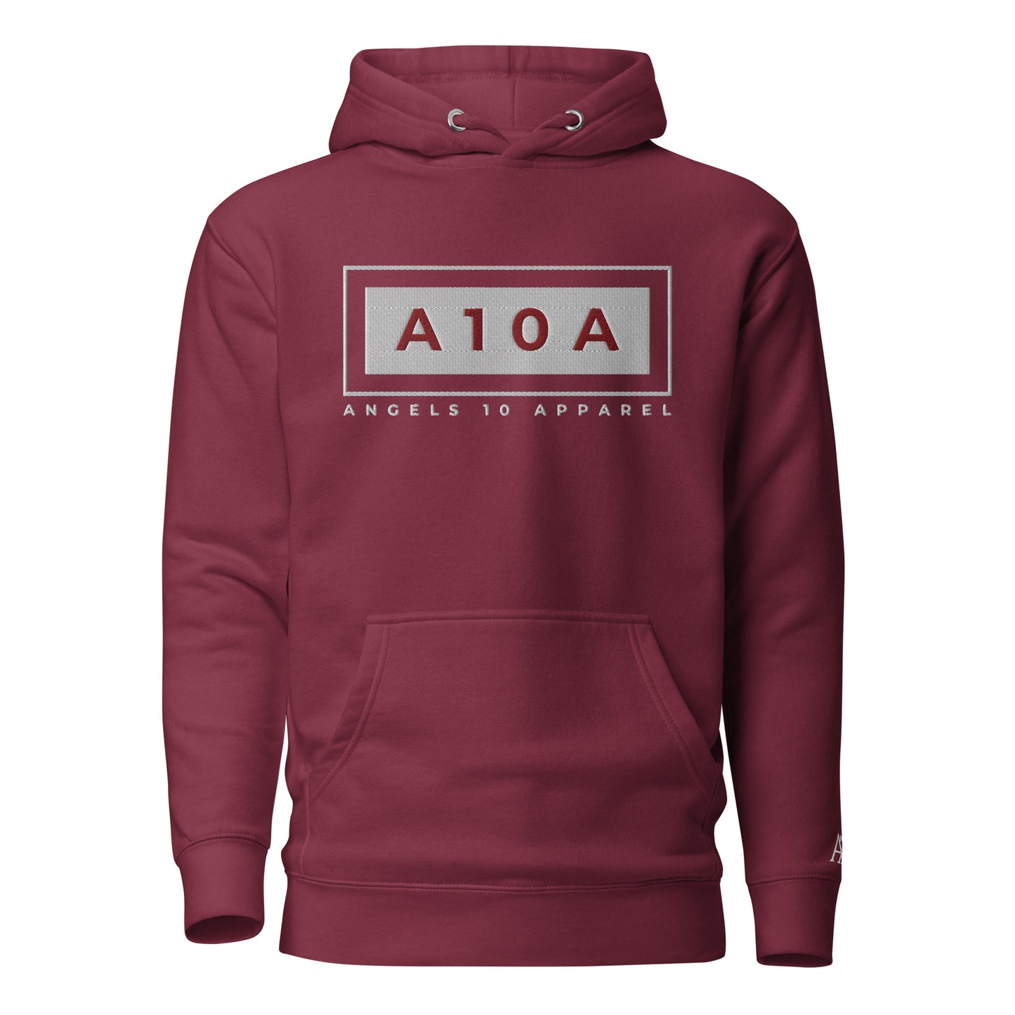 Men's A10A Essentials Collection Classic Hoodie in burgundy, featuring a pouch pocket and a stylish logo from ANGELS 10 APPAREL LLC. This soft cotton blend hoodie is perfect for casual wear, made by a christian brand and veteran owned, reflecting a faith-based approach to fashion.