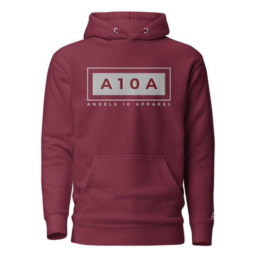 Men's A10A Essentials Collection Classic Hoodie in burgundy, featuring a pouch pocket and a stylish logo from ANGELS 10 APPAREL LLC. This soft cotton blend hoodie is perfect for casual wear, made by a christian brand and veteran owned, reflecting a faith-based approach to fashion.