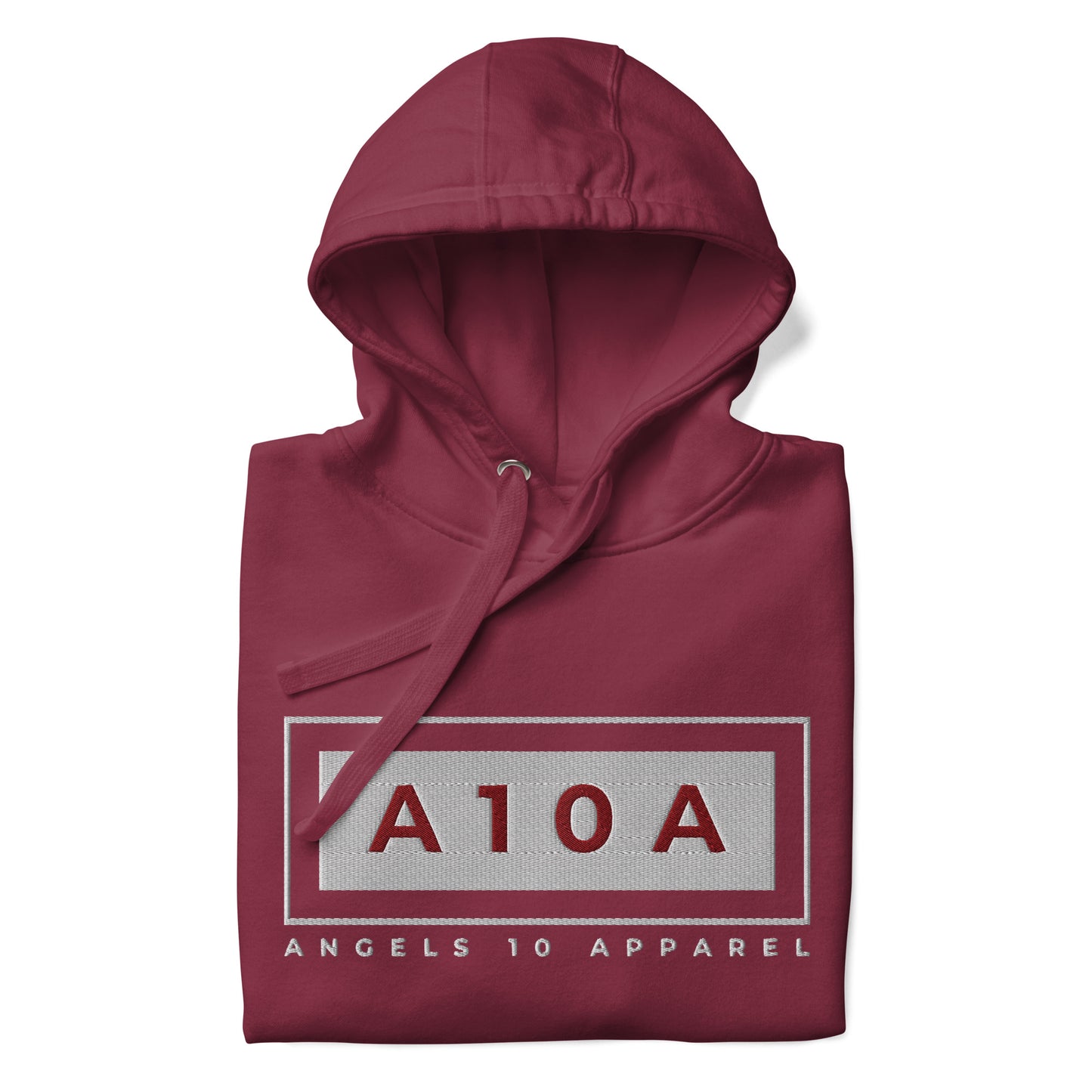 Folded Men's A10A Essentials Collection Classic Hoodie in burgundy, displaying the logo of ANGELS 10 APPAREL LLC. This versatile and comfortable hoodie is made from a soft cotton blend, embodying the values of a christian brand and veteran owned legacy, designed with a faith-based mindset.