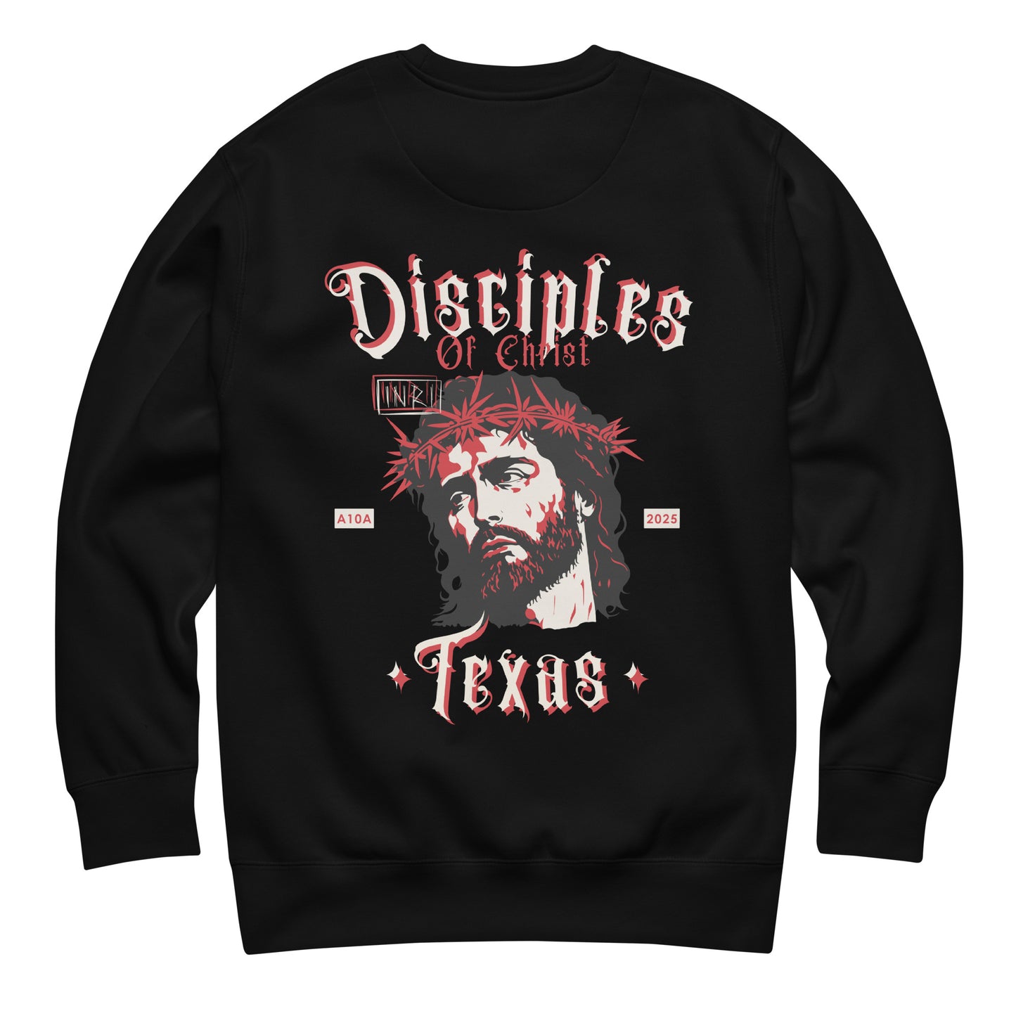 Disciples of Christ Christian Premium Sweatshirt by ANGELS 10 APPAREL LLC in black color, highlighting a bold graphic design ideal for Christian Apparel, Faith-Based Clothing, and Texas Bikers.