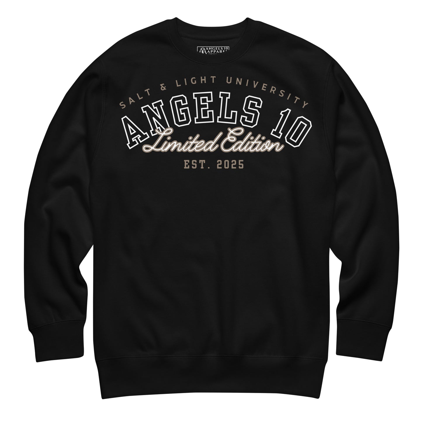 Front view of the Salt & Light Unisex Premium Sweatshirt for Christian Discipleship. This black sweatshirt highlights faith and discipleship for believers, making it an ideal choice for college wear and reflecting the essence of being the salt & light of the world.