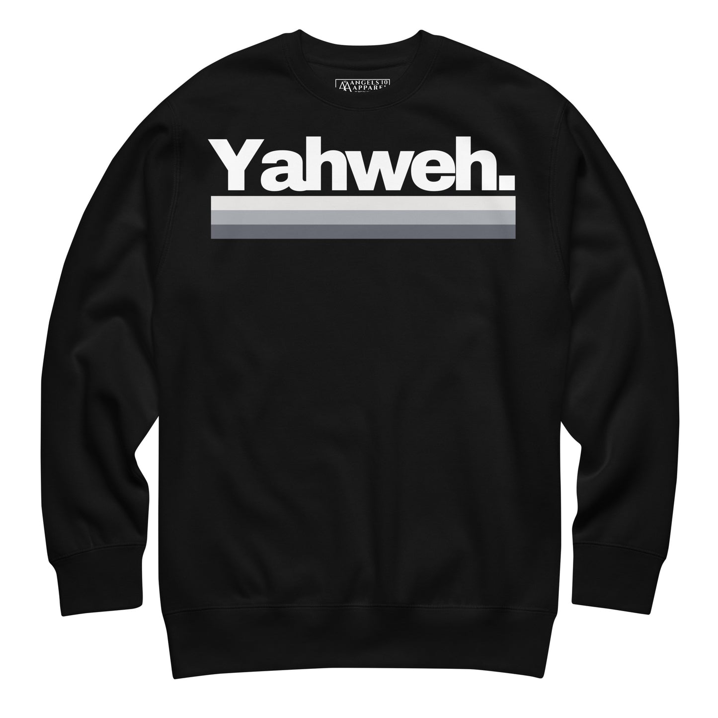 YHWH Unisex Premium Sweatshirt - Soft Fleece Crewneck with Minimalist Design, front view showcasing the bold YHWH print. A must-have for those wanting to represent their faith in style while supporting a small business and veteran-owned brand.