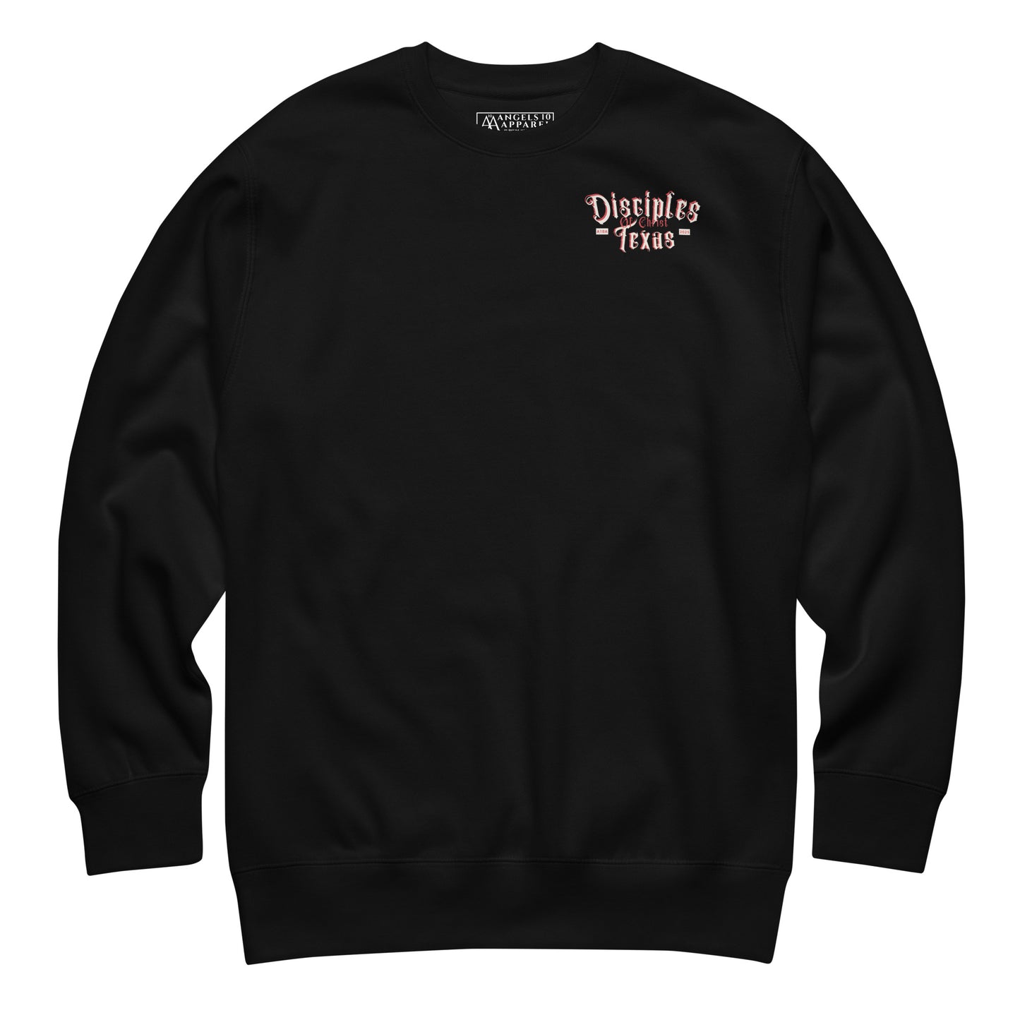 Disciples of Christ Christian Premium Sweatshirt by ANGELS 10 APPAREL LLC in black with logo, perfect for everyday wear among Christian Apparel, Faith-Based Clothing, and Texas Bikers.