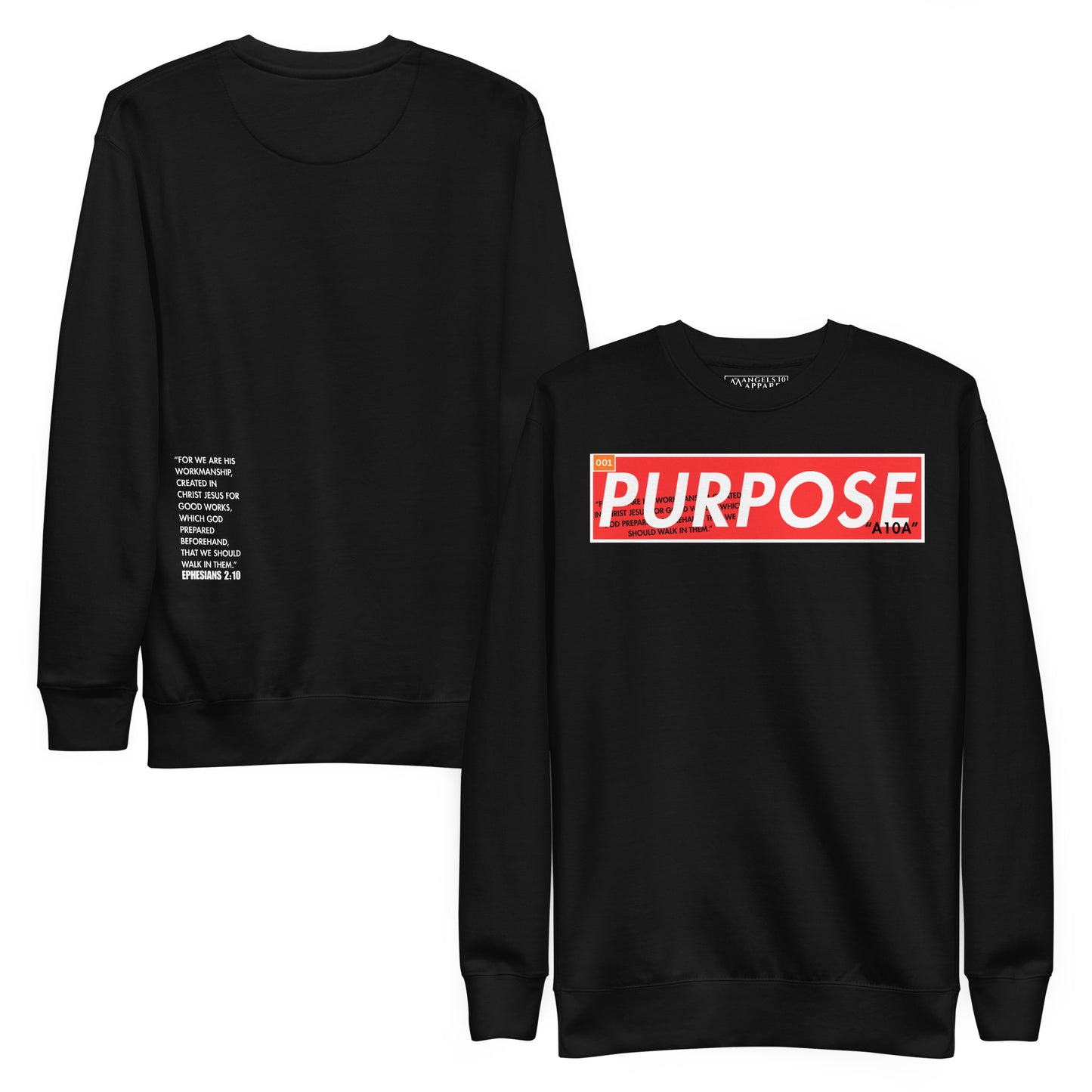 Both front and back views of the Purpose Premium Unisex Crewneck Sweatshirt in black with a prominent 'PURPOSE' message and inspirational text on the side. This stylish sweatshirt makes a statement about faith and belief, crafted with quality in mind by a veteran-owned small business.