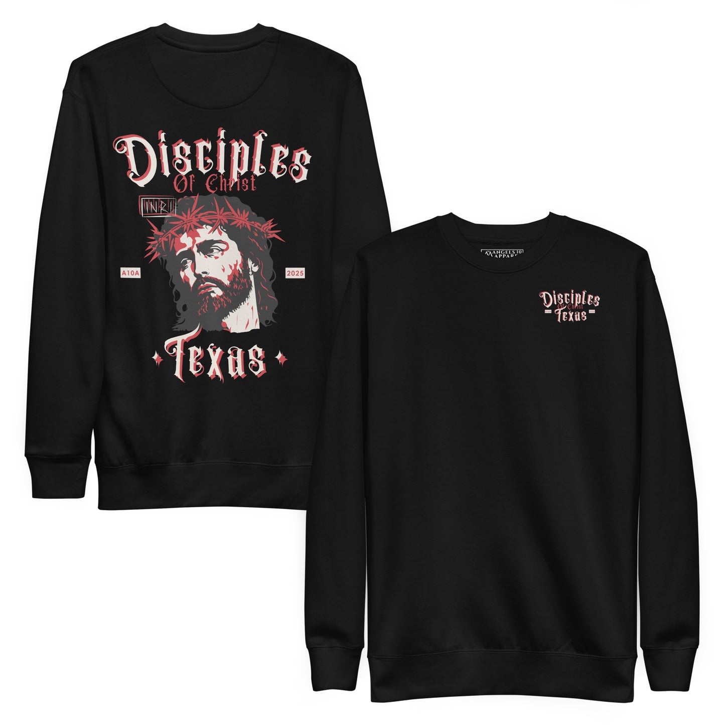 Disciples of Christ Christian Premium Sweatshirt by ANGELS 10 APPAREL LLC showcasing both front and back graphics, a stylish choice for Christian Apparel, Faith-Based Clothing, and Texas Bikers.