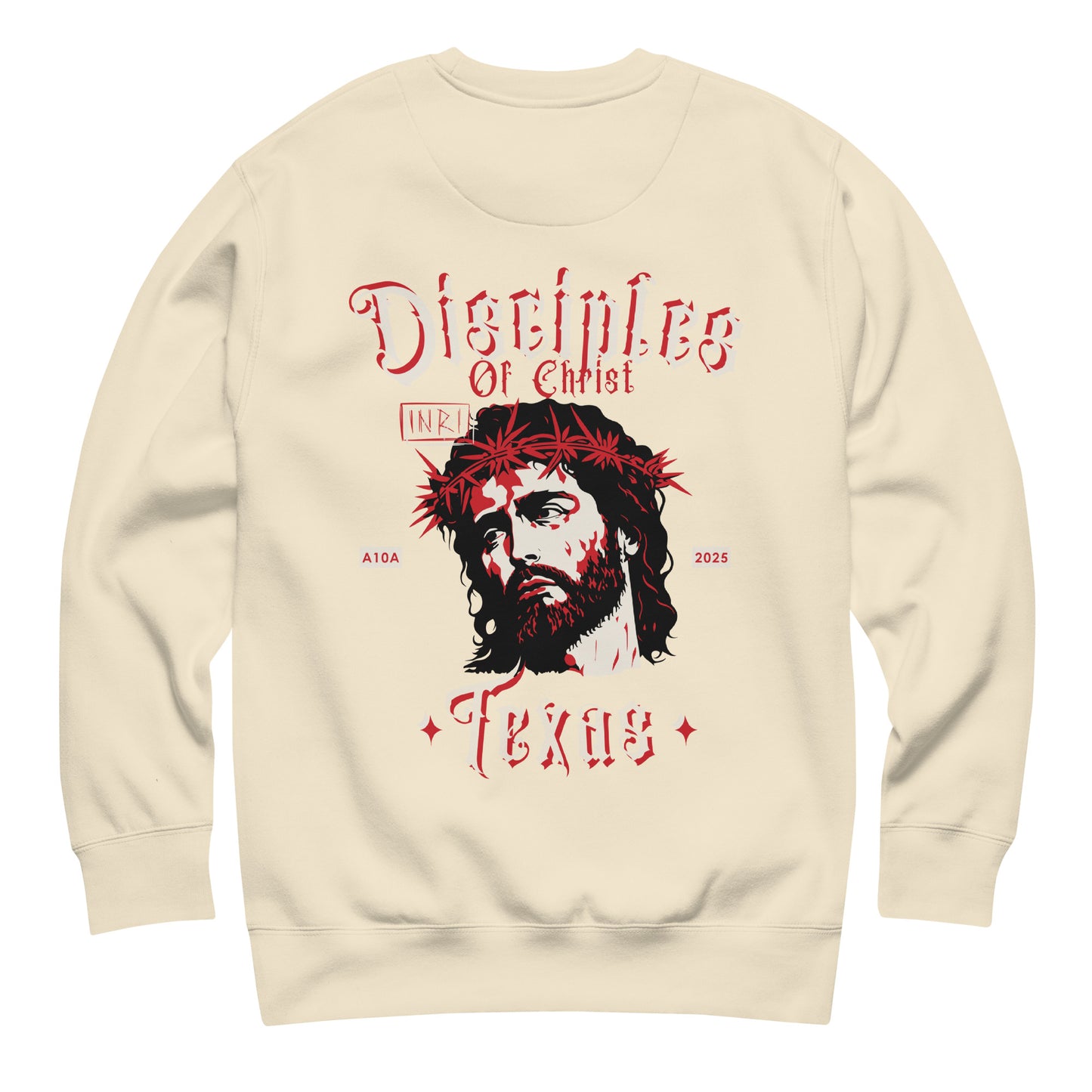 Disciples of Christ Christian Premium Sweatshirt by ANGELS 10 APPAREL LLC in a soft beige, promoting aesthetics suitable for Christian Apparel, Faith-Based Clothing, and Texas Bikers.