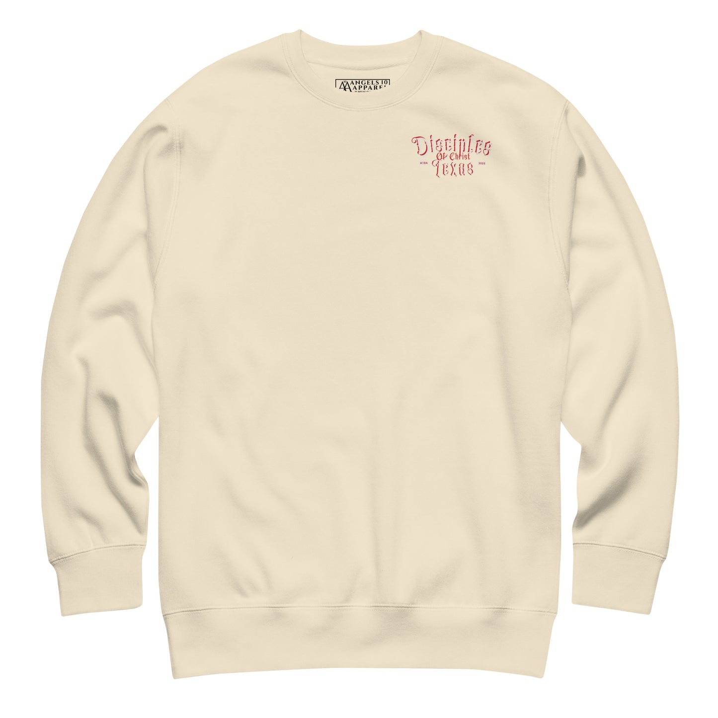 Disciples of Christ Christian Premium Sweatshirt by ANGELS 10 APPAREL LLC displayed in a light shade, featuring a graphic design ideal for fans of Christian Apparel, Faith-Based Clothing, and Texas Bikers.