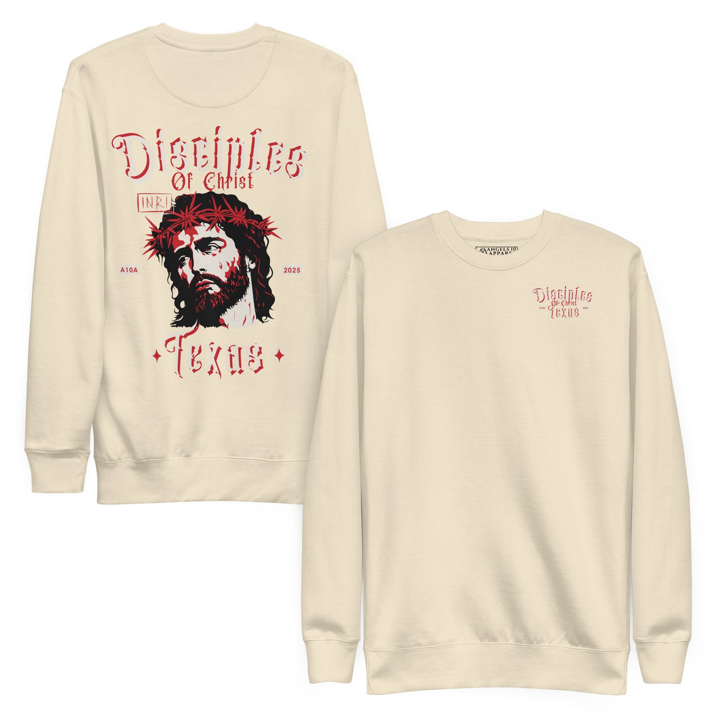 Disciples of Christ Christian Premium Sweatshirt by ANGELS 10 APPAREL LLC in an off-white hue, highlighted with stylish details, suitable for Christian Apparel, Faith-Based Clothing, and Texas Bikers.