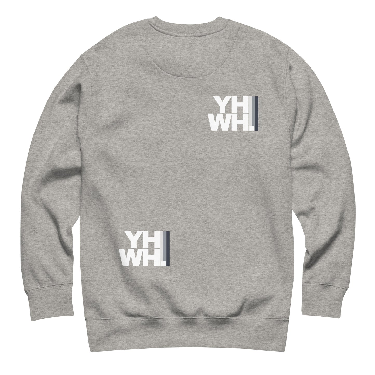 Back of the YHWH Unisex Premium Crewneck Sweatshirt in grey, showcasing YHWH branding. This cozy sweatshirt is perfect for layering, aligning comfort and style with a commitment to faith and support for small businesses.