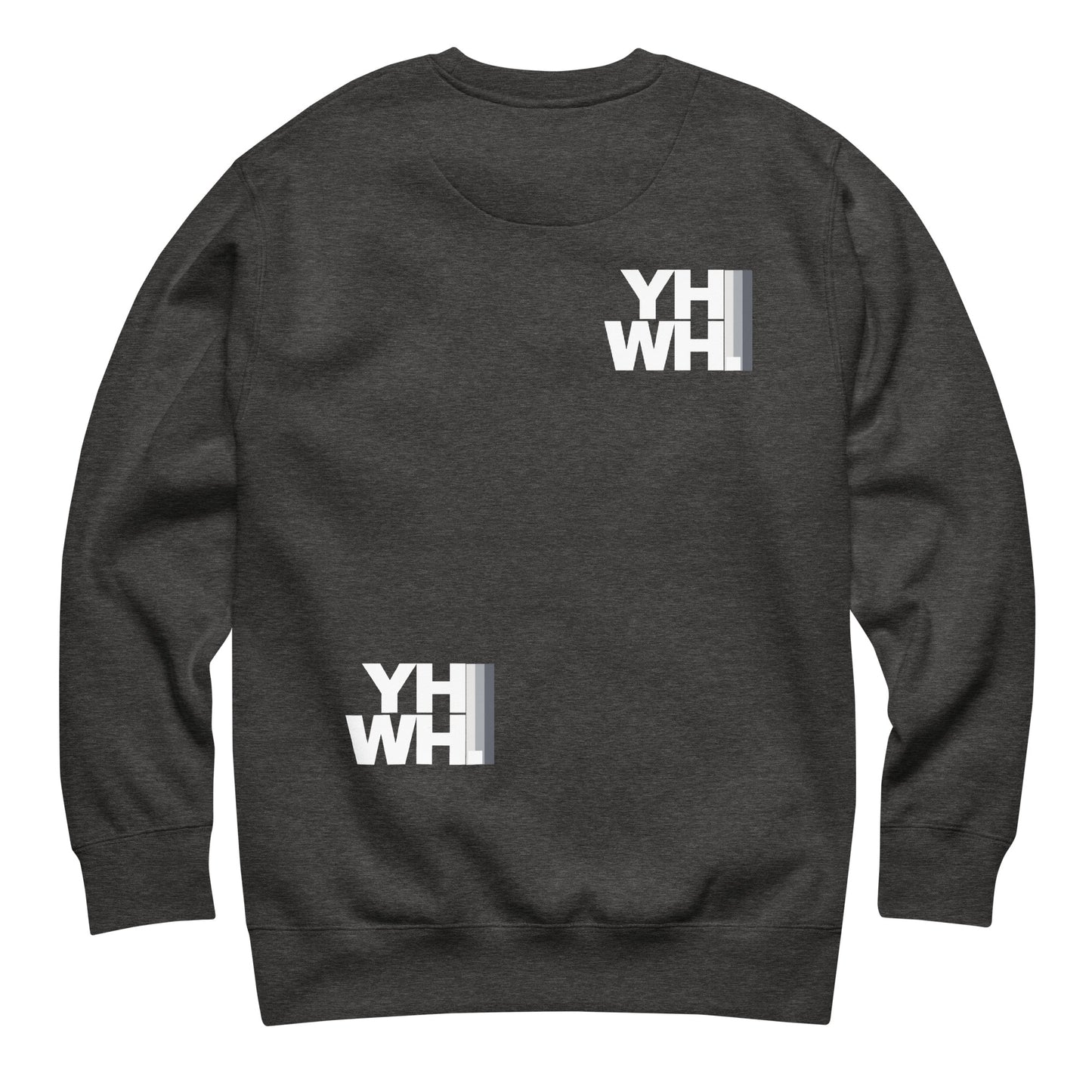 Back view of the YHWH Unisex Premium Sweatshirt in dark gray, designed with YHWH graphics. This sweatshirt provides comfort and style, perfect for expressing your faith and supporting a veteran-owned small business.