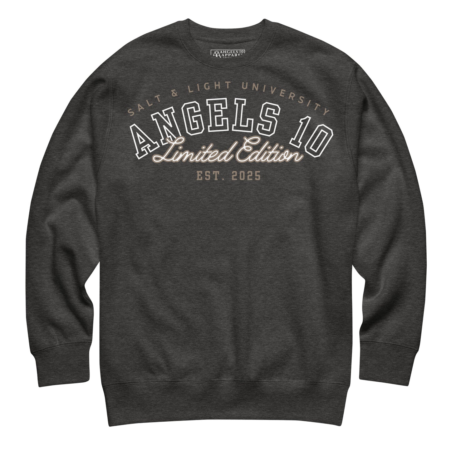 Front view of the charcoal Salt & Light Unisex Premium Sweatshirt for Christian Discipleship featuring the ANGELS 10 Limited Edition logo, designed for students who wish to showcase their faith and discipleship as they embody the salt & light of the world in college.