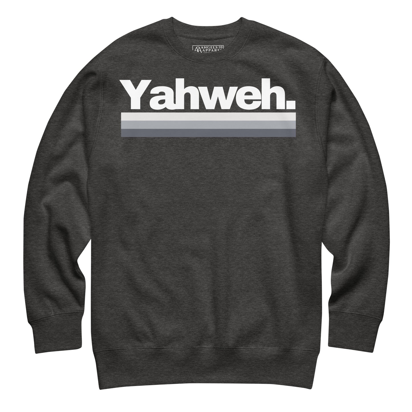 YHWH Unisex Premium Sweatshirt in a classic dark gray color, emphasizing a minimalist and modern design. A great choice for those who want to combine style and faith while supporting a veteran-owned small business.
