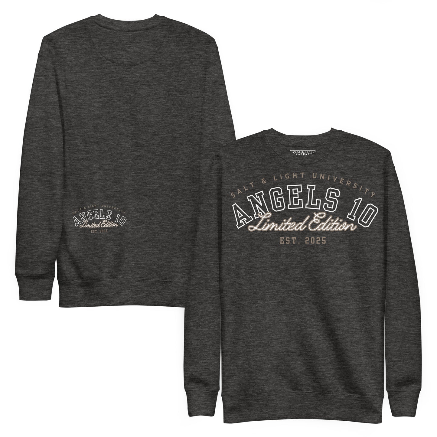 Salt & Light Unisex Premium Sweatshirt for Christian Discipleship in a cozy heather gray, perfect for college students. This sweatshirt reflects faith and the values of being the salt & light of the world.