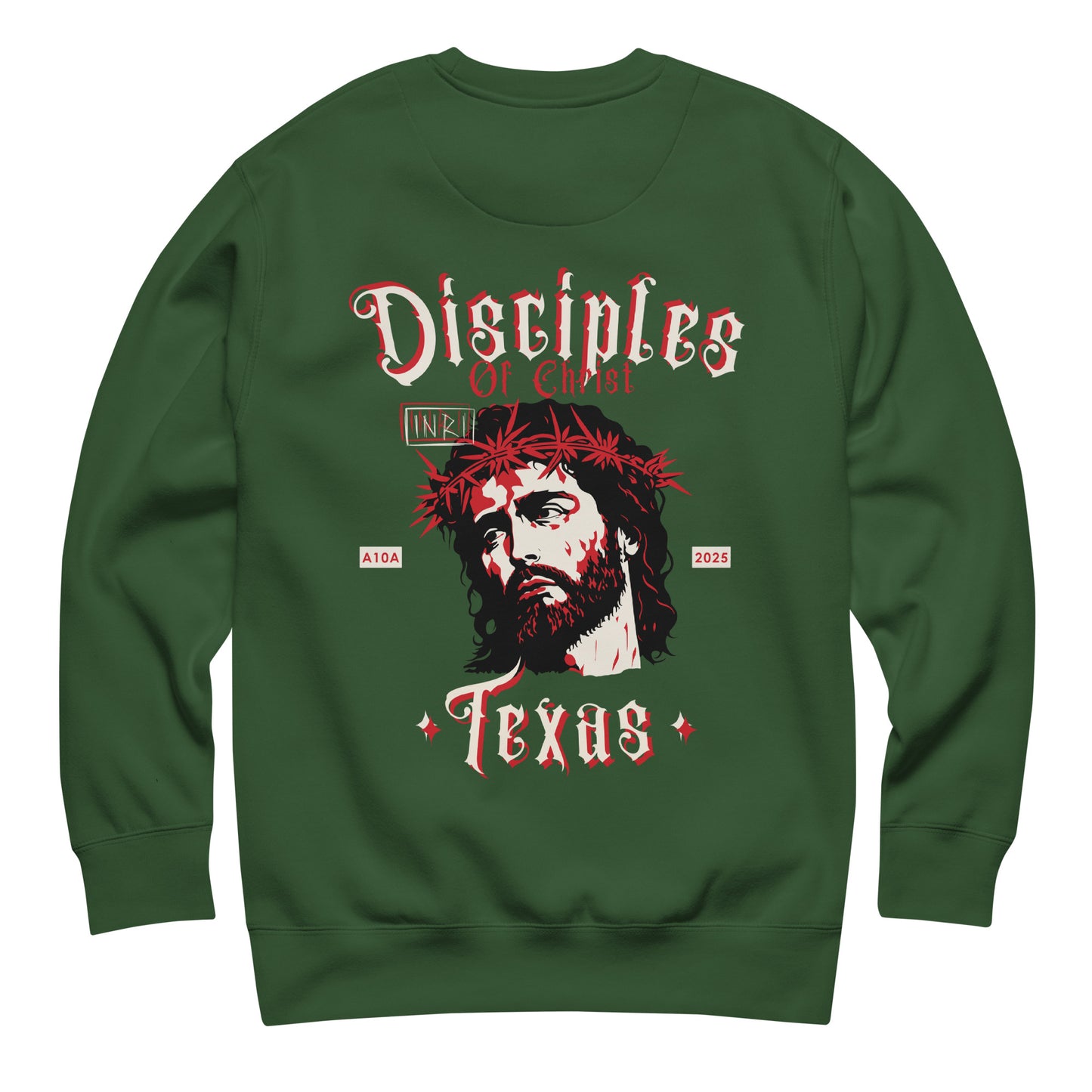 Disciples of Christ Christian Premium Sweatshirt by ANGELS 10 APPAREL LLC in vibrant green, showcasing beautiful graphics appealing to Christian Apparel, Faith-Based Clothing, and Texas Bikers.