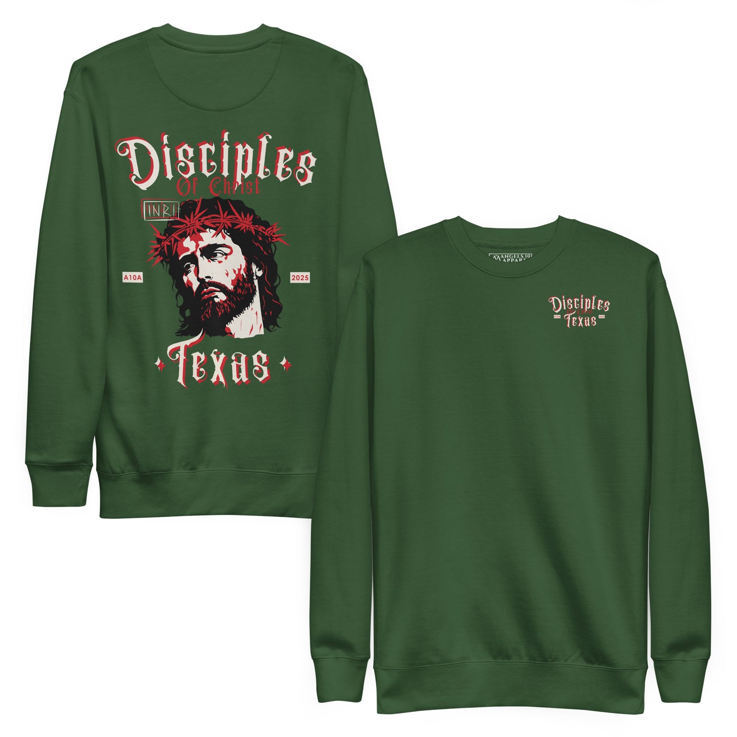 Disciples of Christ Christian Premium Sweatshirt by ANGELS 10 APPAREL LLC in green color, showcasing a vibrant print for Christian Apparel, Faith-Based Clothing, and Texas Bikers.