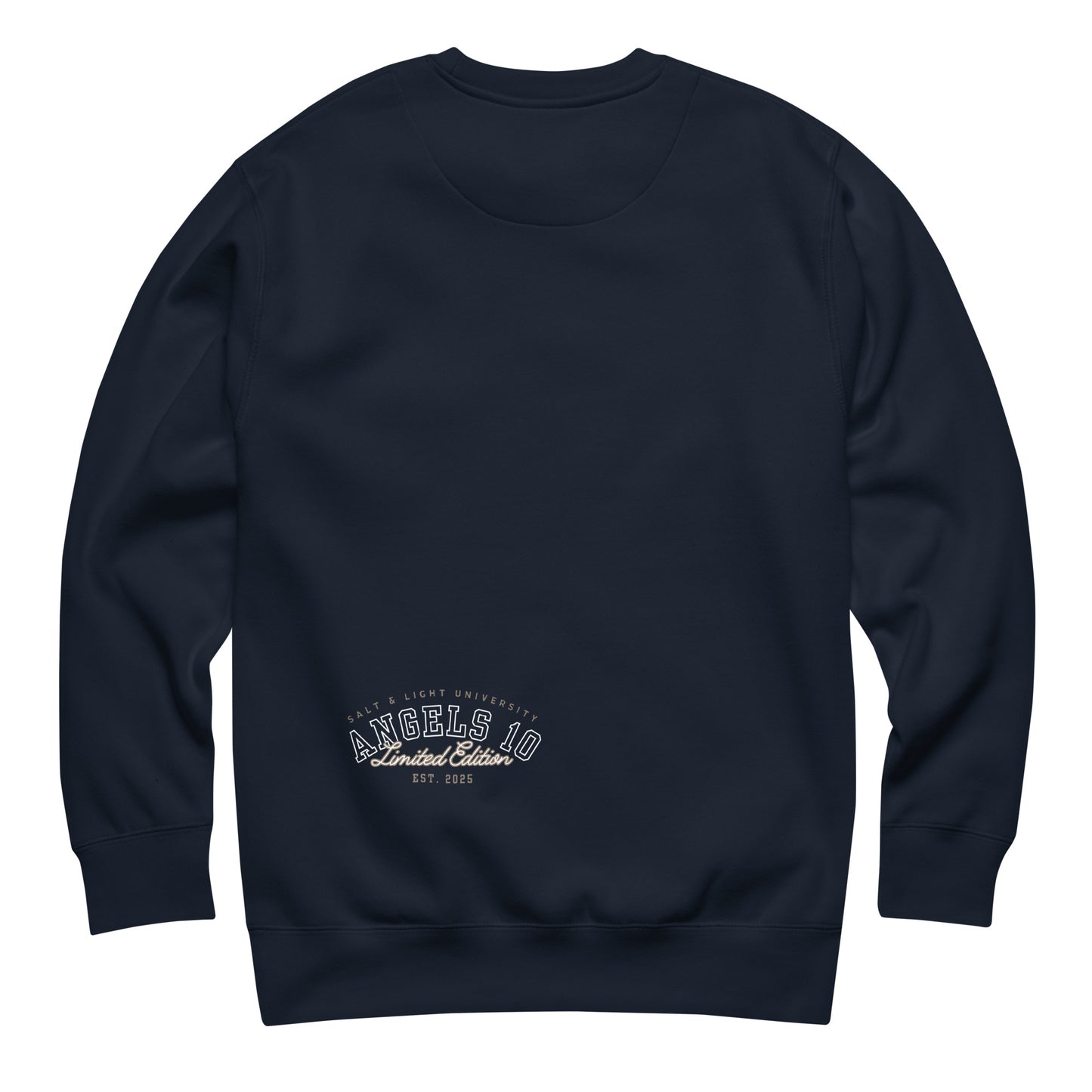 Back view of the navy Salt & Light Unisex Premium Sweatshirt for Christian Discipleship, with ANGELS 10 Limited Edition branding, perfect for believers who embrace faith and discipleship while inspiring others in college settings, reflecting the salt & light of the world.