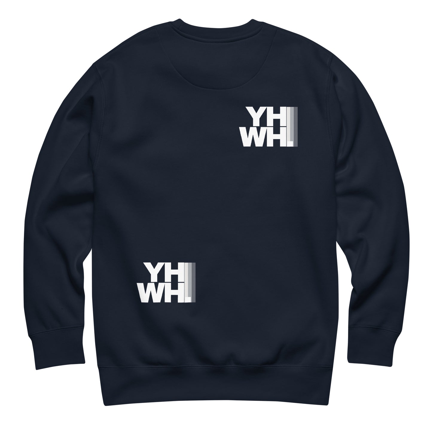 Back view of the YHWH Unisex Premium Sweatshirt in navy blue, featuring a unique design with YHWH lettering. This relaxed fit crewneck is great for expressing your faith and style while supporting a veteran-owned small business.
