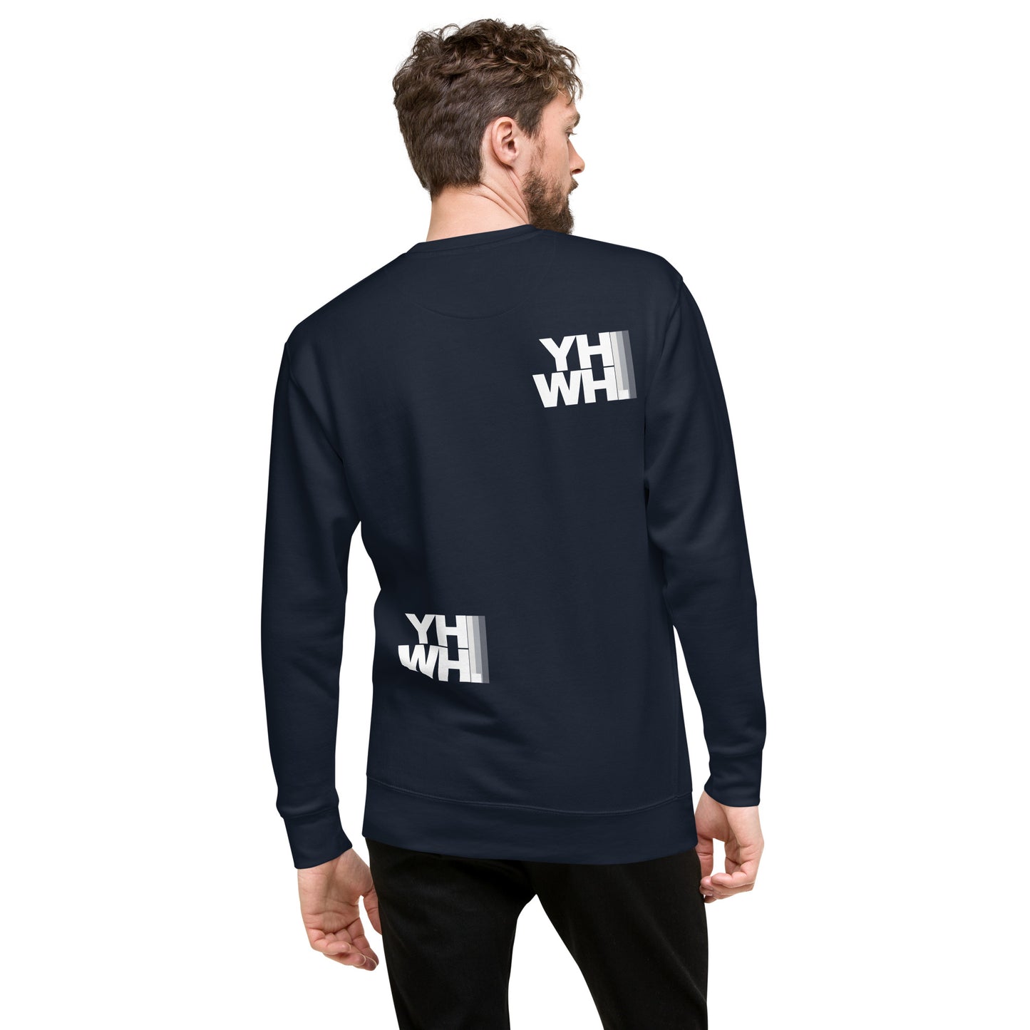 YHWH Unisex Premium Sweatshirt - Soft Fleece Crewneck with Minimalist Design from the back, featuring the YHWH print on a navy background. Perfect for casual outings, supporting a veteran-owned small business while expressing style and faith.