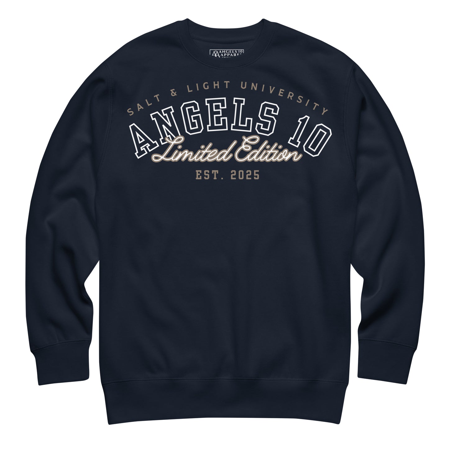 Front view of the Salt & Light Unisex Premium Sweatshirt for Christian Discipleship featuring the ANGELS 10 Limited Edition design, ideal for college wear and representing a bold statement of faith and discipleship as the salt & light of the world.