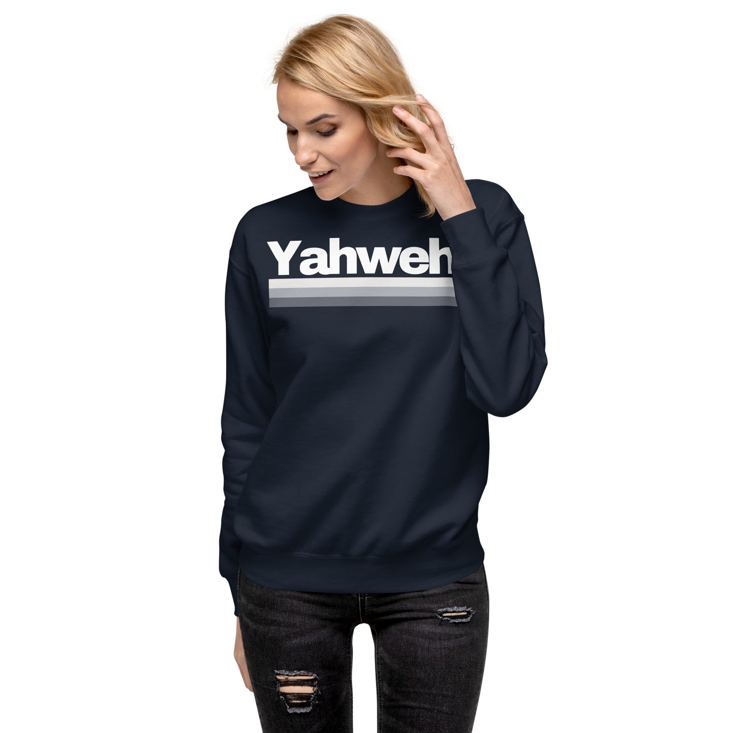 YHWH Unisex Premium Sweatshirt - Soft Fleece Crewneck with Minimalist Design worn by a woman, showcasing the sleek YHWH design in navy. This sweatshirt is a stylish choice for anyone looking to support small businesses and embrace their Christian faith.