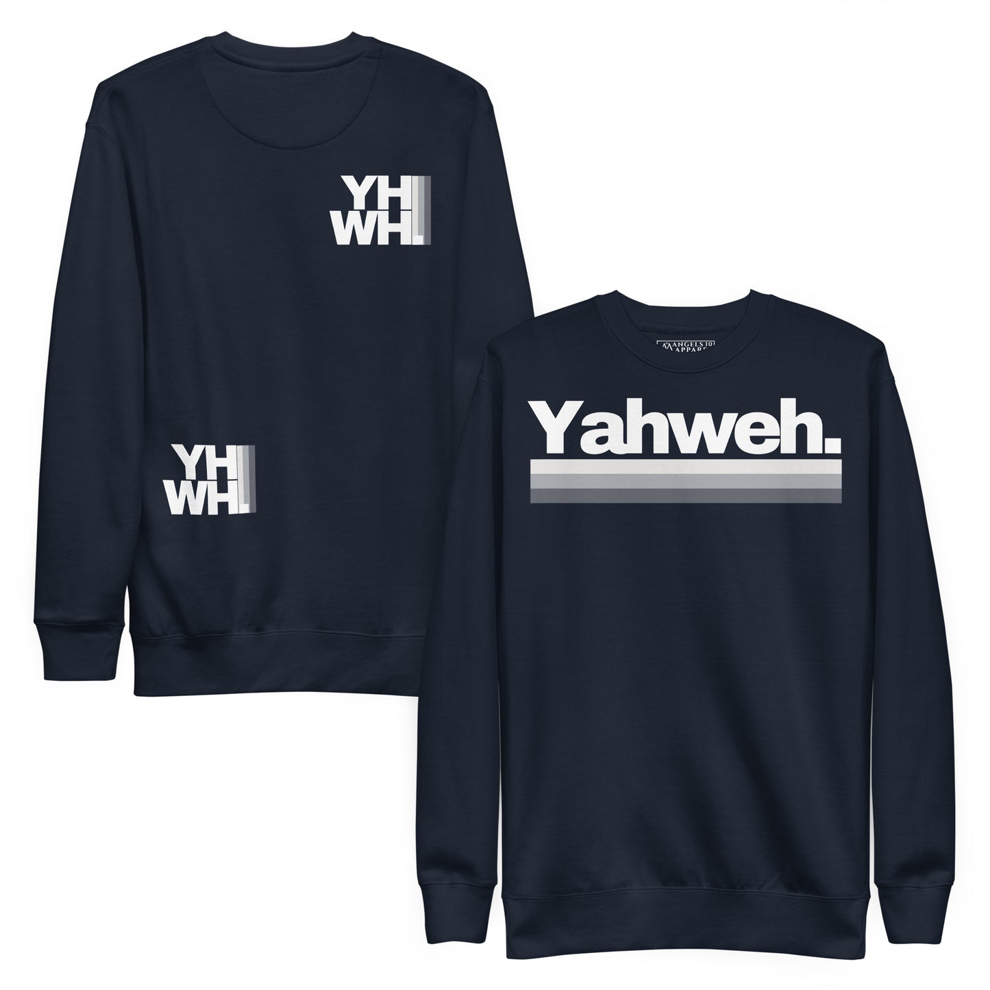 Comparison of navy and dark gray YHWH Unisex Premium Sweatshirts, showcasing the minimalist design and comfortable fit. Ideal for those wishing to display their faith while supporting a veteran-owned small business.