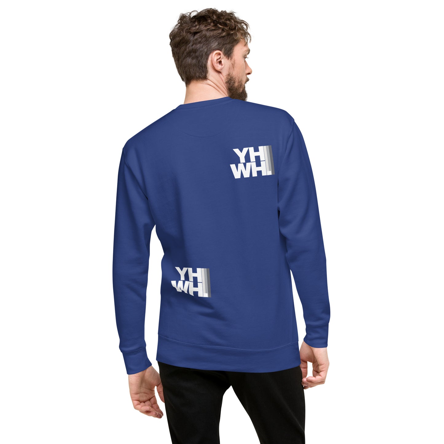 Back view of YHWH Unisex Premium Crewneck Sweatshirt with unique design elements, symbolizing strength and belief. Ideal for those in faith and style. Support a small, veteran-owned business.
