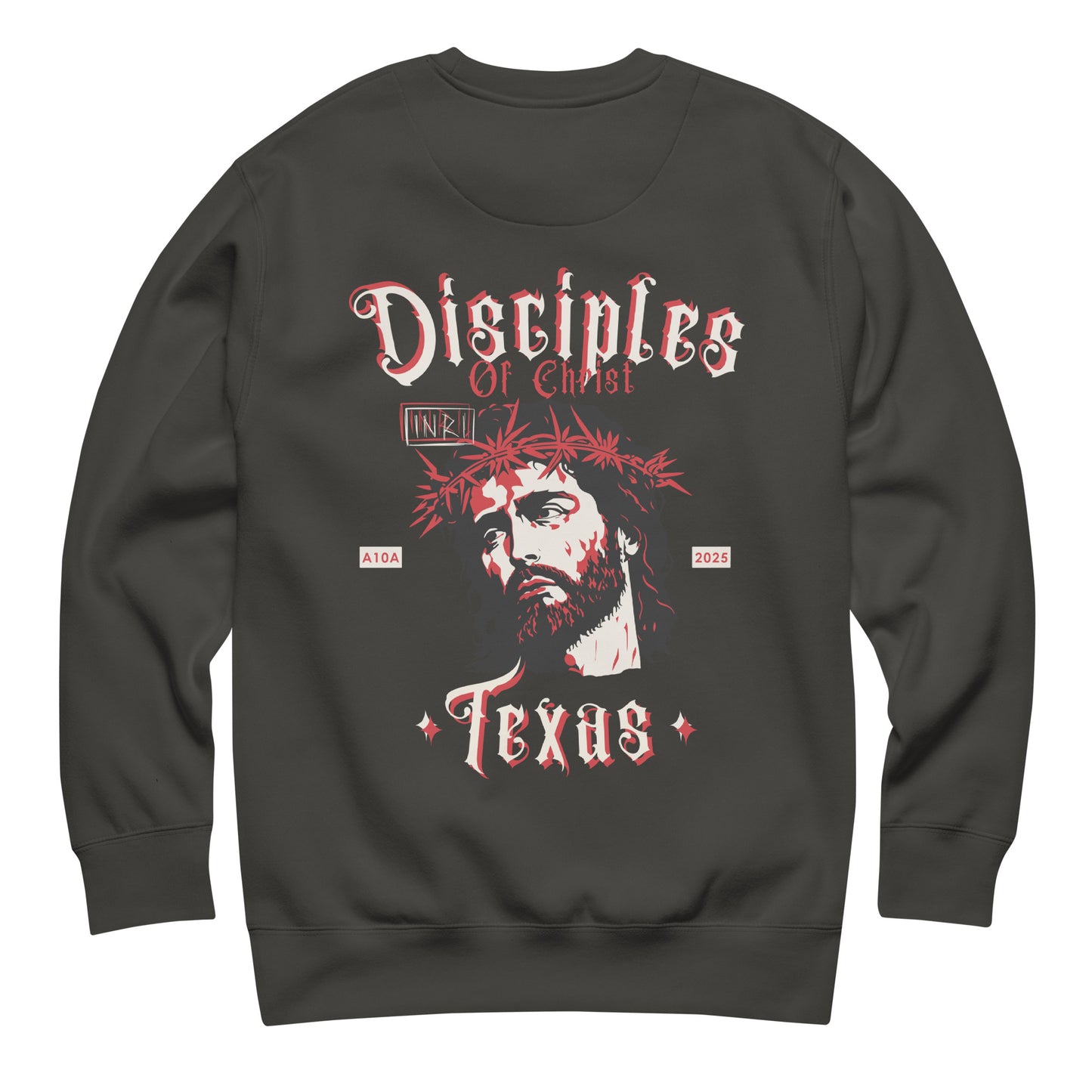 Disciples of Christ Christian Premium Sweatshirt by ANGELS 10 APPAREL LLC in a deep gray shade, featuring unique designs ideal for Christian Apparel, Faith-Based Clothing, and Texas Bikers.