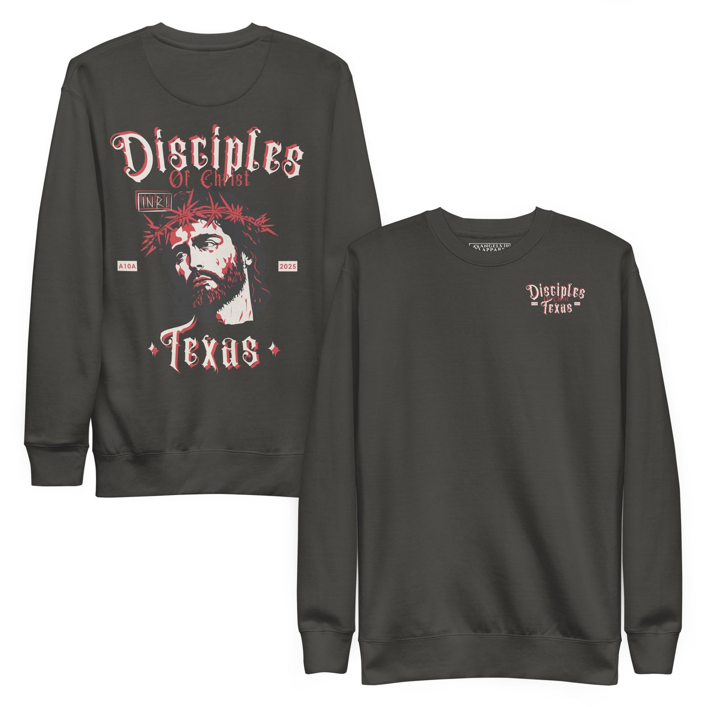 Disciples of Christ Christian Premium Sweatshirt by ANGELS 10 APPAREL LLC displayed in charcoal, promoting a design for Christian Apparel, Faith-Based Clothing, and Texas Bikers.
