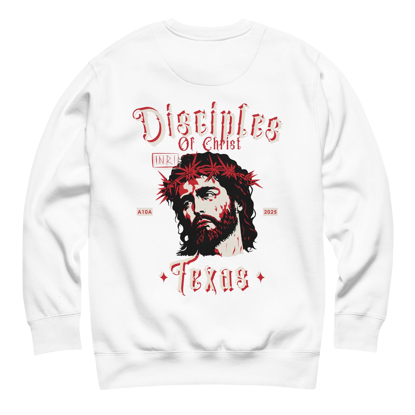 Disciples of Christ Christian Premium Sweatshirt by ANGELS 10 APPAREL LLC featuring a graphic of Christ with a crown of thorns, perfect for Christian Apparel, Faith-Based Clothing, and Texas Bikers.