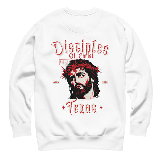 Disciples of Christ Christian Premium Sweatshirt by ANGELS 10 APPAREL LLC featuring a graphic of Christ with a crown of thorns, perfect for Christian Apparel, Faith-Based Clothing, and Texas Bikers.
