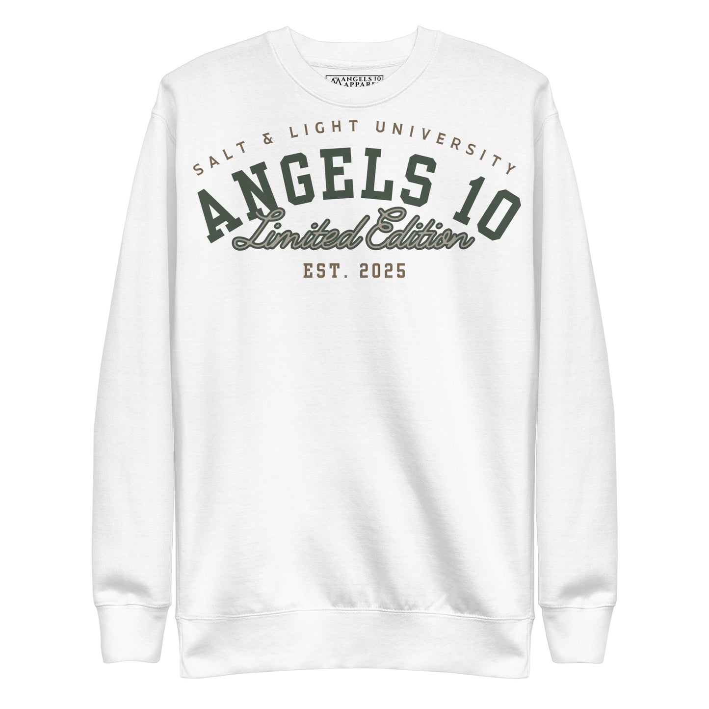White version of the Salt & Light of the World Unisex Premium Sweatshirt, an ideal choice for college students wanting to showcase their faith.