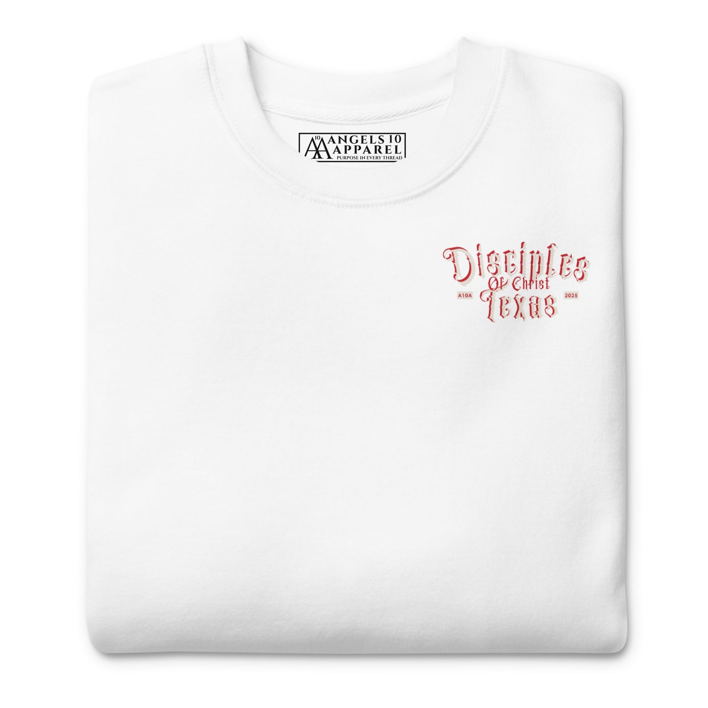 Disciples of Christ Christian Premium Sweatshirt by ANGELS 10 APPAREL LLC folded with logo visible, a great addition to Christian Apparel, Faith-Based Clothing, and Texas Bikers.