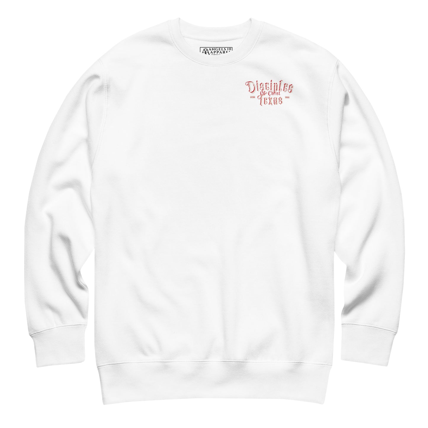 Disciples of Christ Christian Premium Sweatshirt by ANGELS 10 APPAREL LLC in white, showcasing a subtle logo, ideal for Christian Apparel, Faith-Based Clothing, and Texas Bikers.