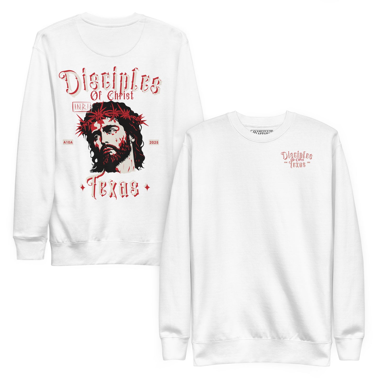 Disciples of Christ Christian Premium Sweatshirt by ANGELS 10 APPAREL LLC shown in white with graphic elements, perfect for casual wear in Christian Apparel, Faith-Based Clothing, and Texas Bikers.