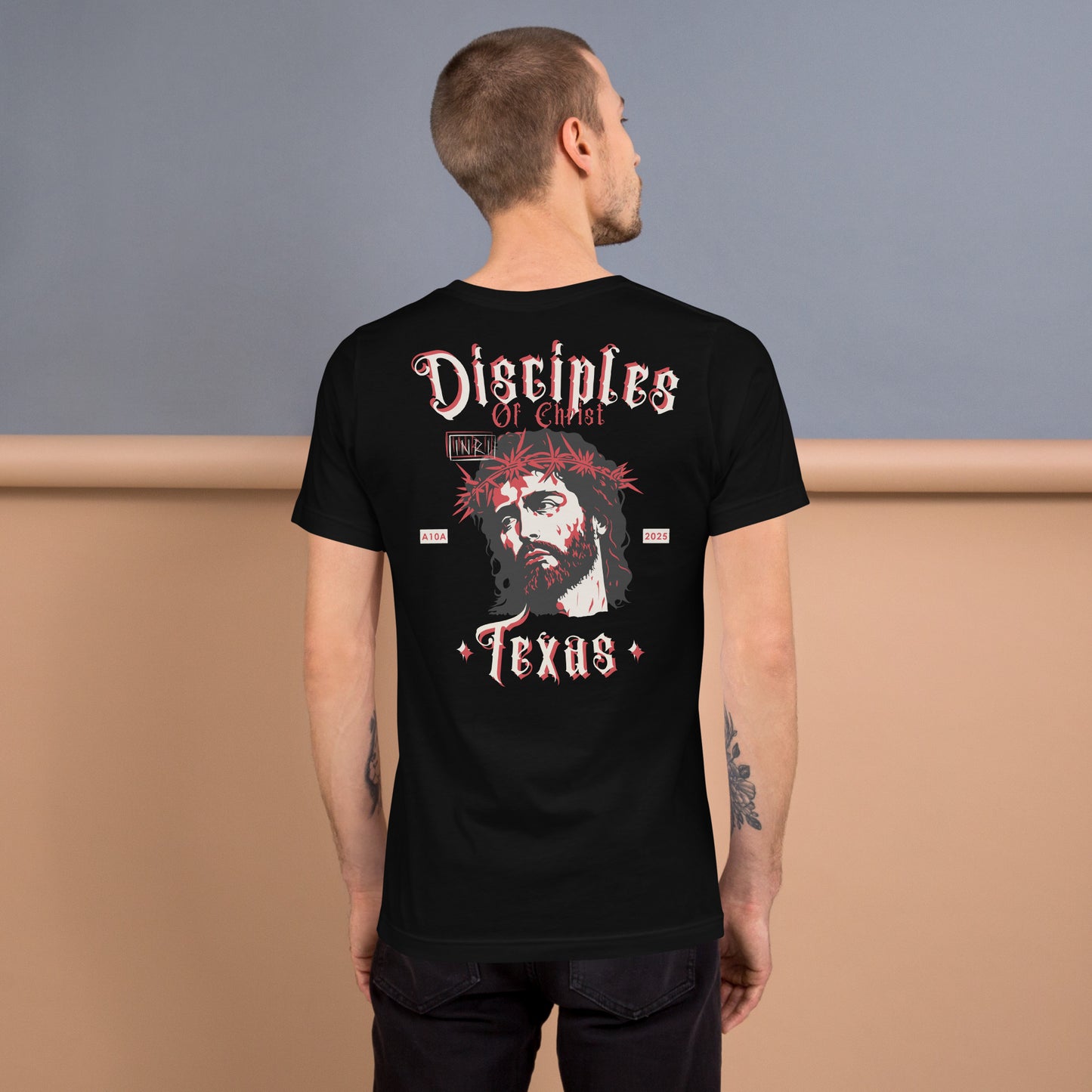Back view of a black Disciples of Christ Christian t-shirt by ANGELS 10 APPAREL LLC, showcasing a vibrant design with Jesus. Ideal for those in Christian apparel, faith-based clothing, Texas bikers, and Christian veterans.