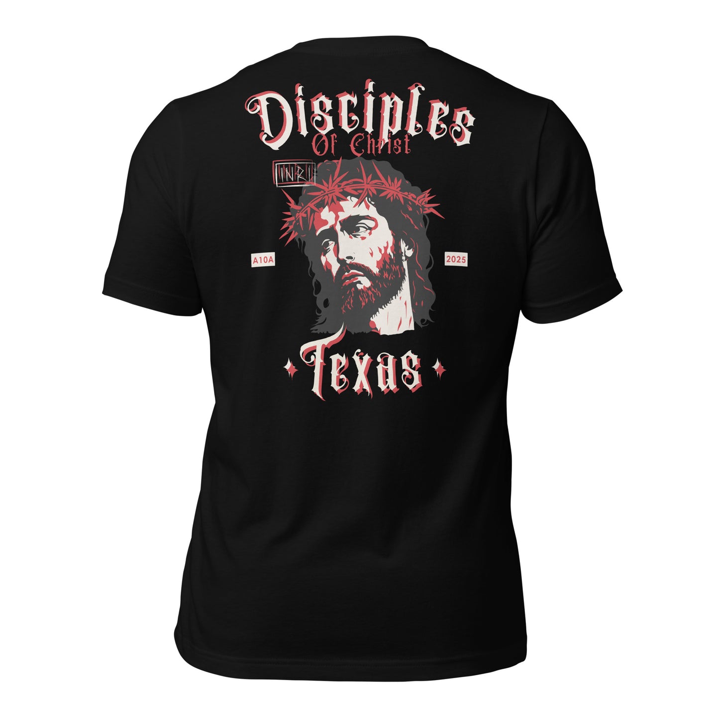 Close-up of the back design of a black Disciples of Christ Christian t-shirt by ANGELS 10 APPAREL LLC, featuring Jesus. A must-have for lovers of Christian apparel, faith-based clothing, Texas bikers, and Christian veterans.