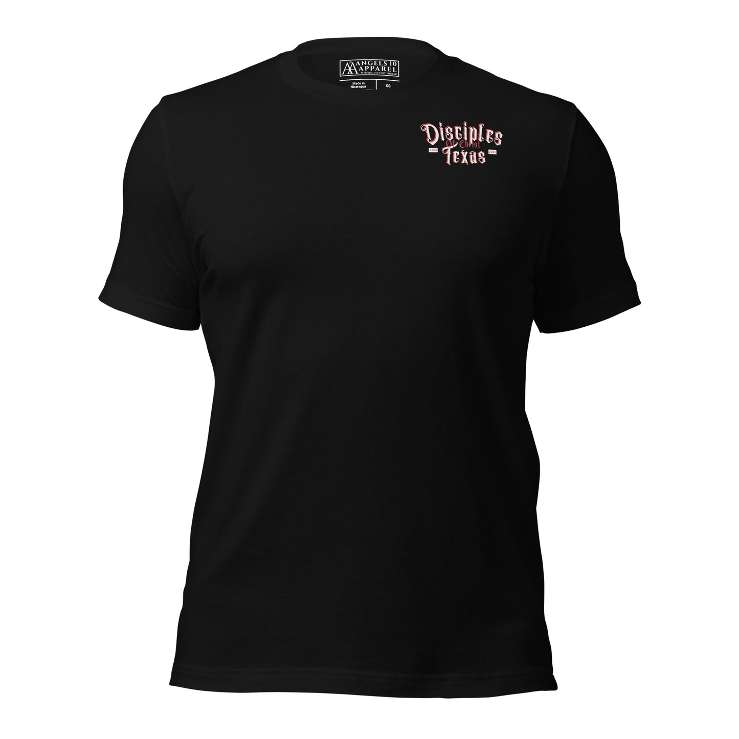 Black Disciples of Christ Christian t-shirt by ANGELS 10 APPAREL LLC, featuring 'Disciples Texas' design. Perfect for Christian apparel enthusiasts, faith-based clothing fans, Texas bikers, and Christian veterans.