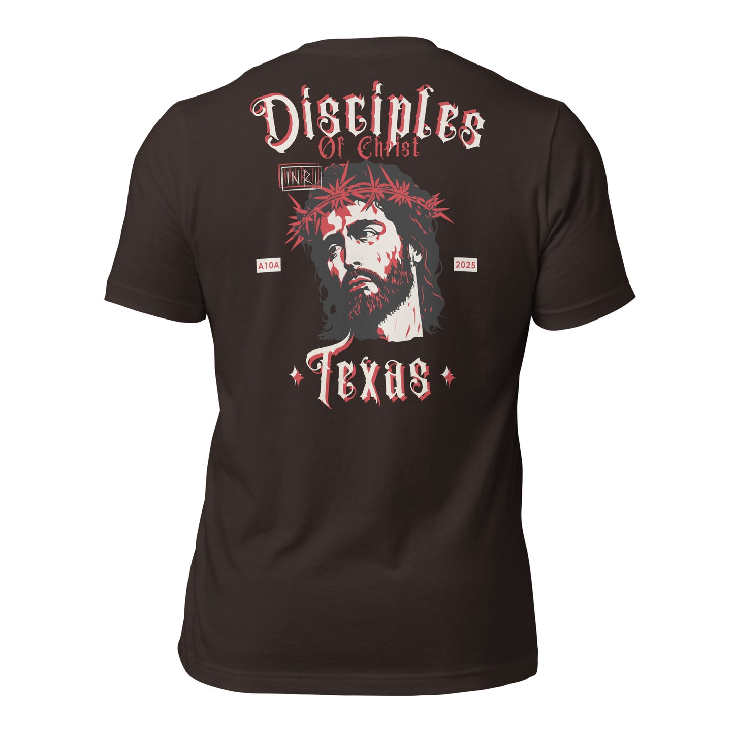 Back view of a brown Disciples of Christ Christian t-shirt by ANGELS 10 APPAREL LLC, featuring a detailed design of Jesus. Ideal for lovers of Christian apparel, faith-based clothing, Texas bikers, and Christian veterans.