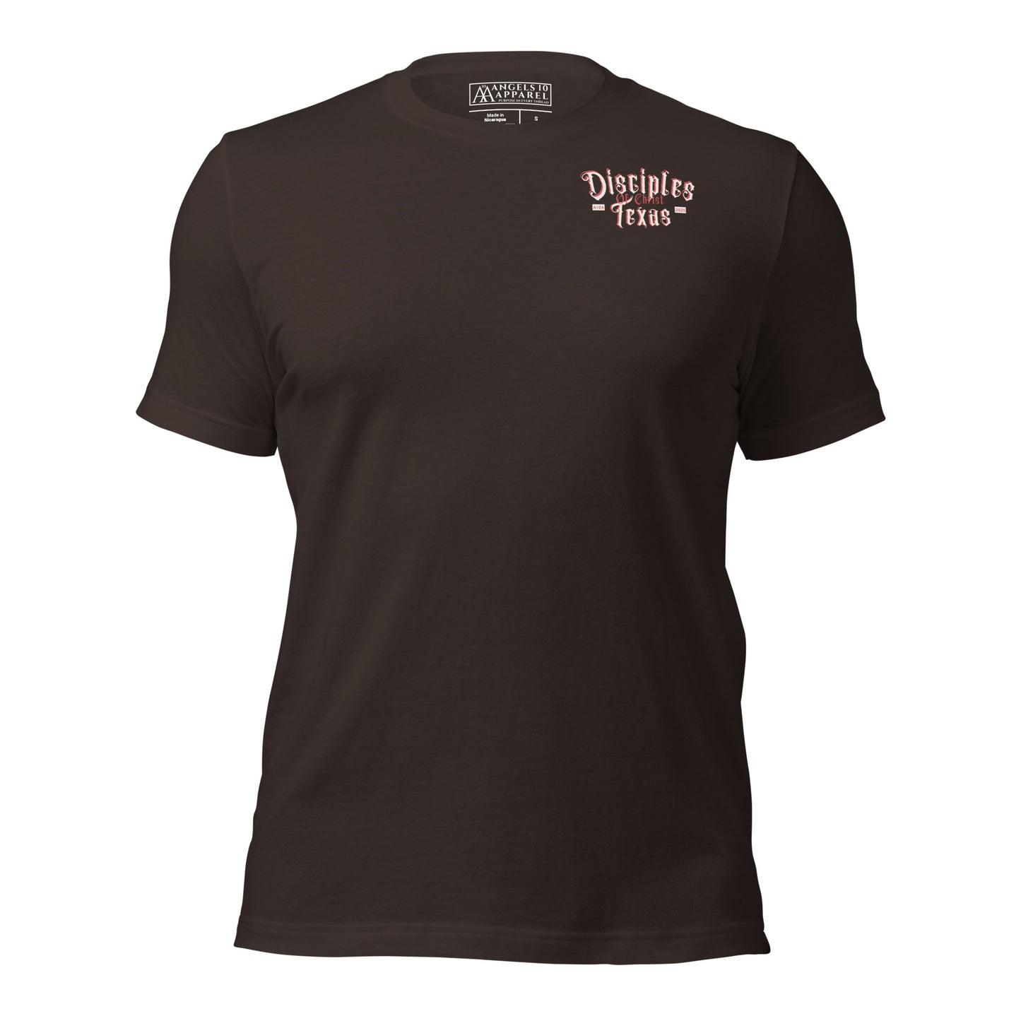 Brown Disciples of Christ Christian t-shirt by ANGELS 10 APPAREL LLC with 'Disciples Texas' logo prominently displayed. A great pick for enthusiasts of Christian apparel, faith-based clothing, Texas bikers, and Christian veterans.