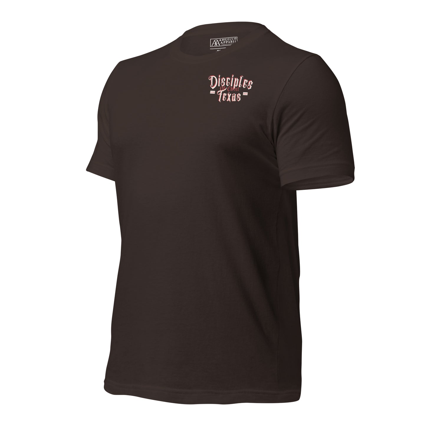 Side view of a brown Disciples of Christ Christian t-shirt by ANGELS 10 APPAREL LLC, showcasing a sleek fit. Perfect for those into Christian apparel, faith-based clothing, Texas bikers, and Christian veterans.